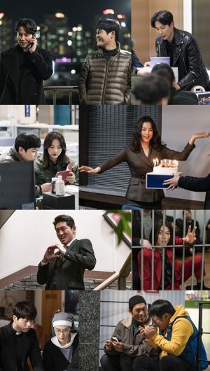 ‘열혈사제’ 김남길-김성균-이하늬, 촬영장에서 생일파티까지 ‘화기애애’